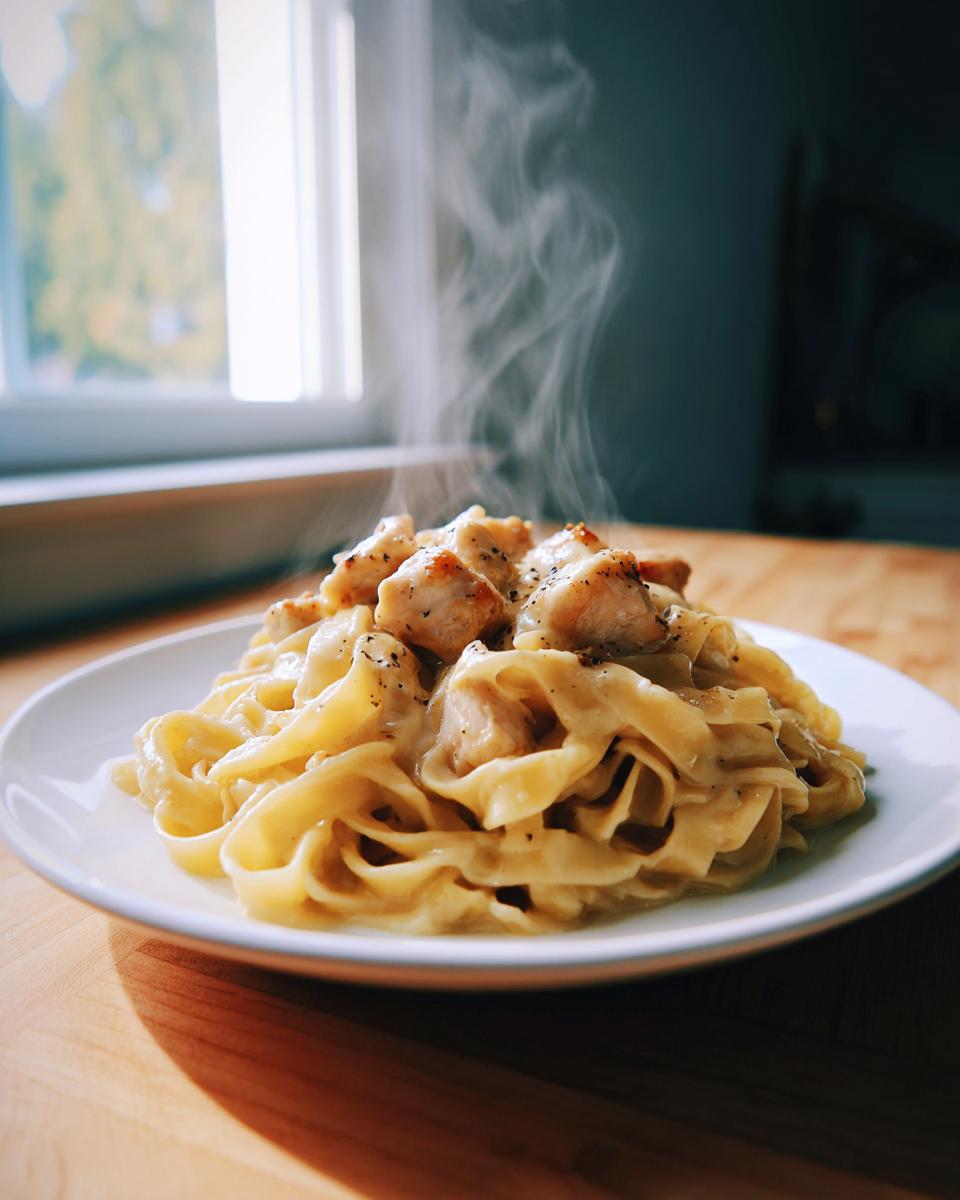 A close-up of hot, steaming chicken fettuccine alfredo served on a white plate on a wooden surface.