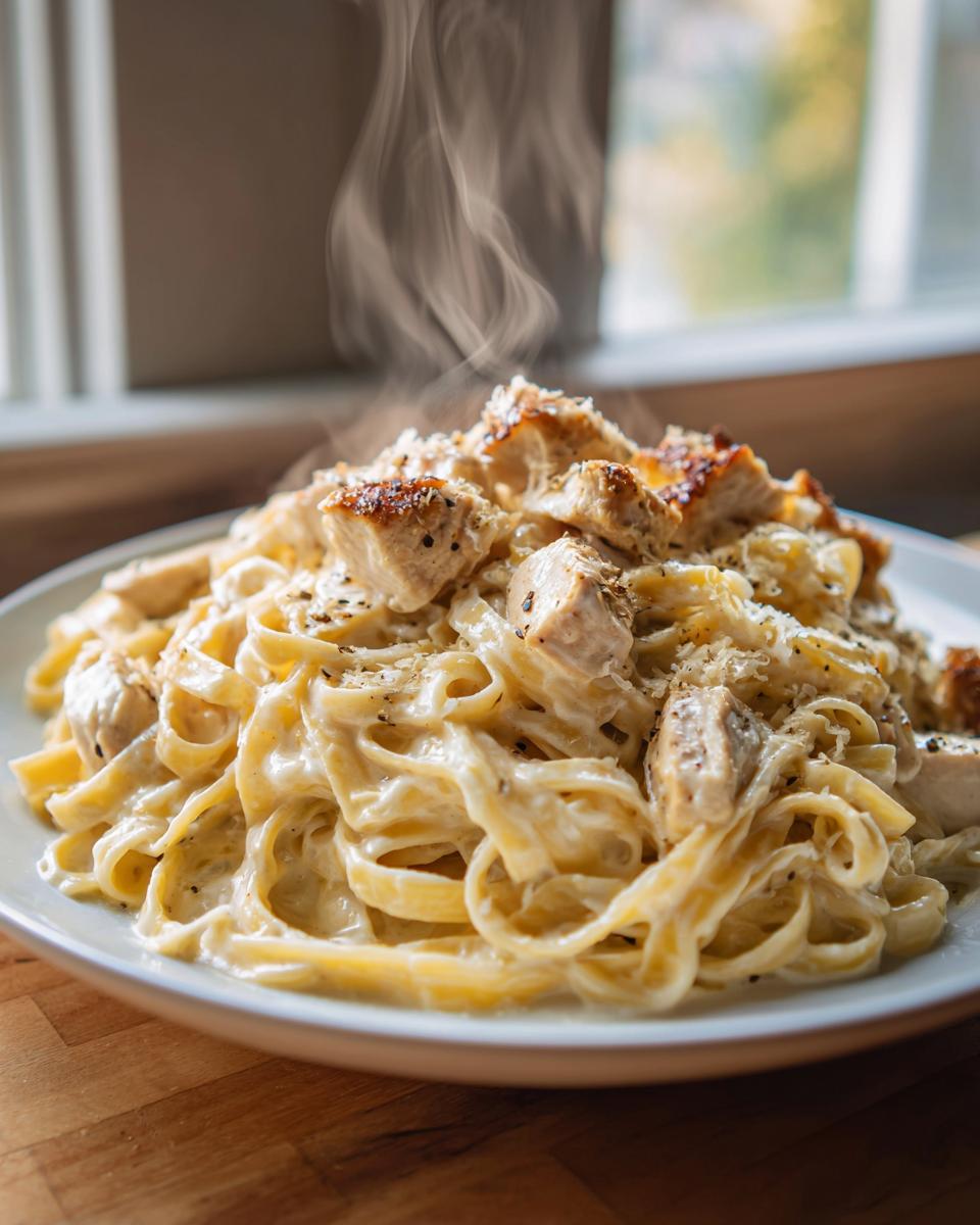Close-up of hot, steaming chicken fettuccine alfredo pasta topped with grilled chicken pieces and parmesan cheese.