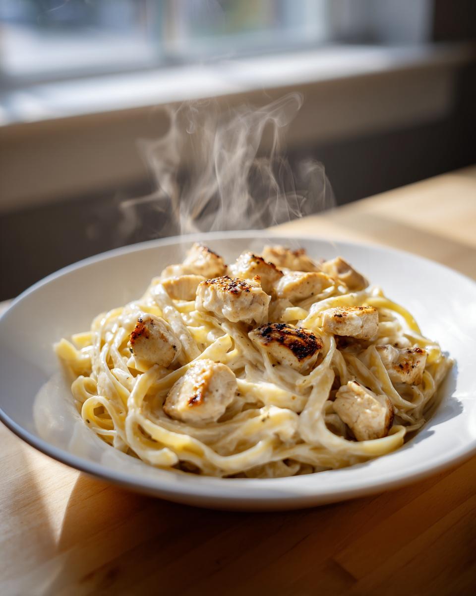 Close-up of hot, steaming chicken fettuccine alfredo pasta topped with grilled chicken pieces.