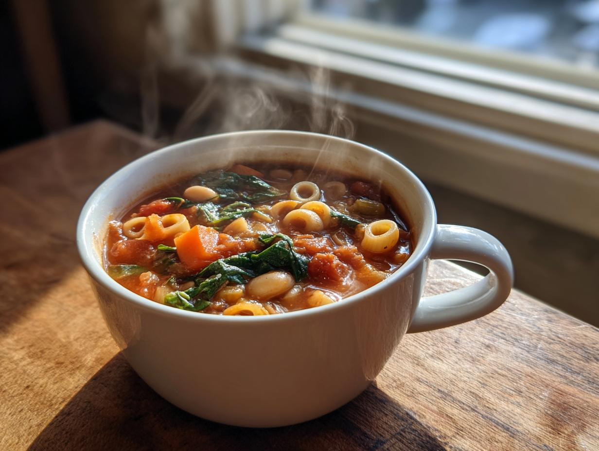 A steaming white mug filled with rich minestrone soup, featuring pasta rings, white beans, carrots, and spinach.