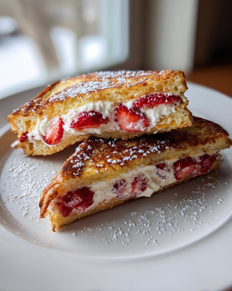 Two halves of strawberry stuffed french toast stacked on a white plate, dusted with powdered sugar.