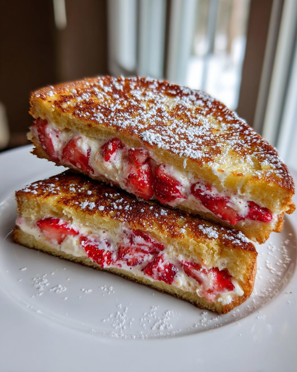 Two halves of golden brown stuffed french toast filled with cream cheese and strawberries, dusted with powdered sugar.