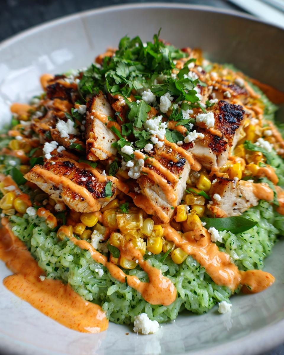 A close-up of a vibrant street corn chicken rice bowl featuring grilled chicken, green rice, corn, cotija cheese, and creamy orange sauce.
