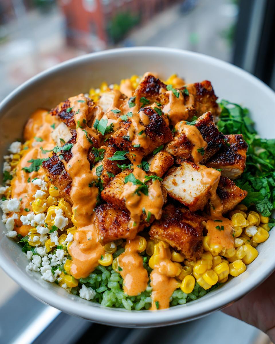 Close-up of a vibrant street corn chicken rice bowl featuring seasoned chicken, yellow corn, green rice, and a creamy orange sauce.