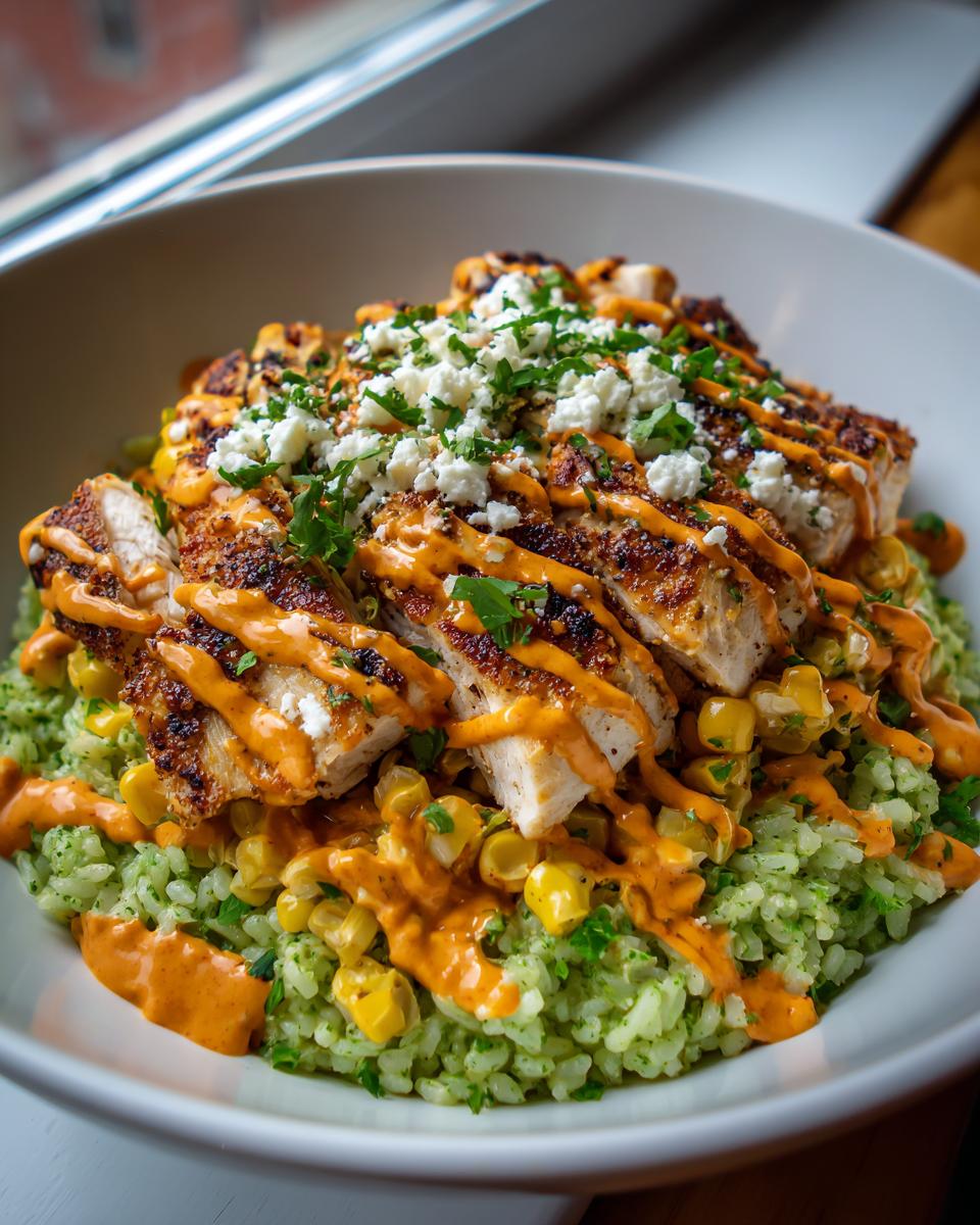 A vibrant street corn chicken rice bowl featuring sliced seasoned chicken, green rice, corn kernels, orange sauce drizzle, and crumbled white cheese.