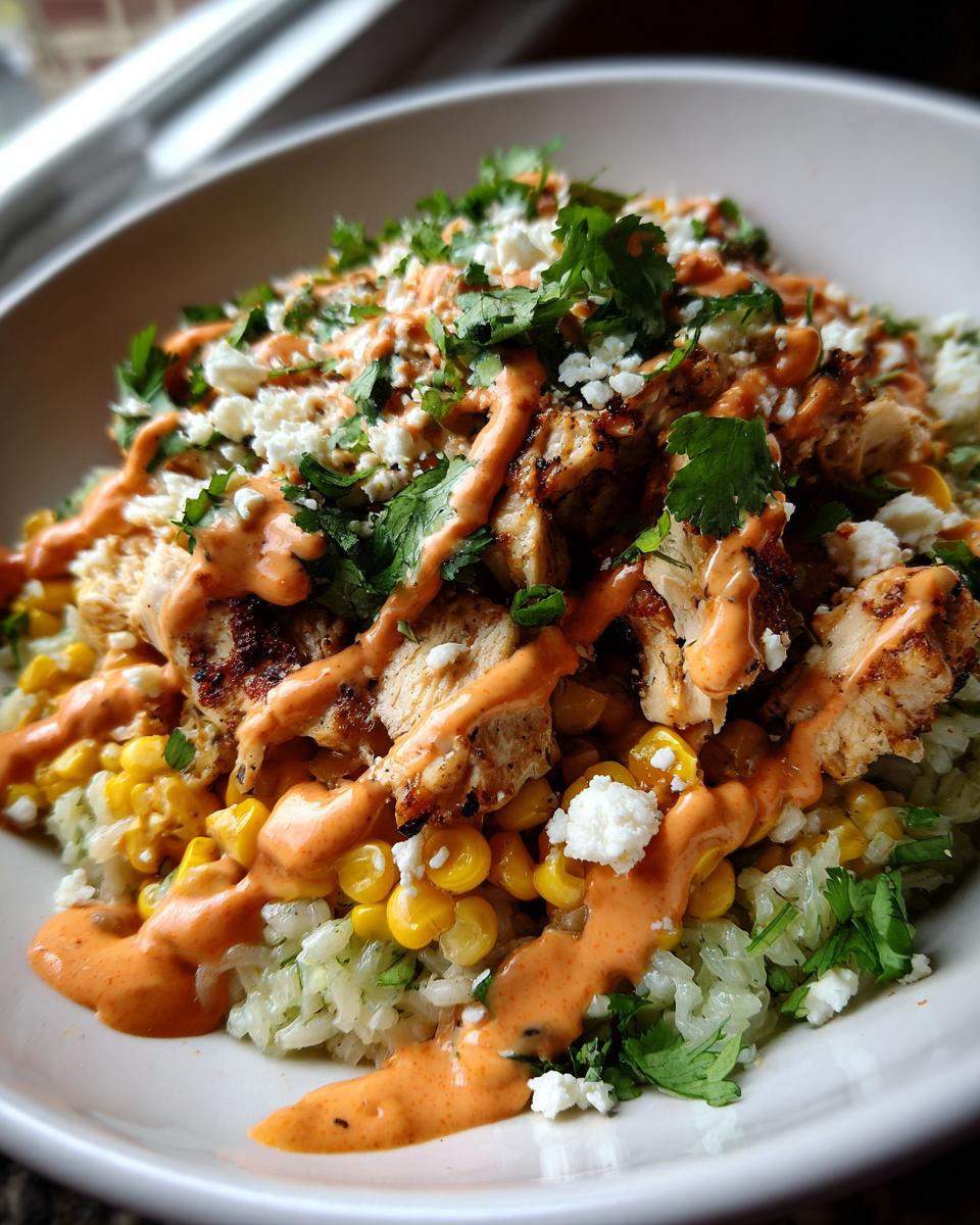 A close-up of a street corn chicken rice bowl featuring grilled chicken, corn, cilantro, cotija cheese, and a creamy orange sauce.