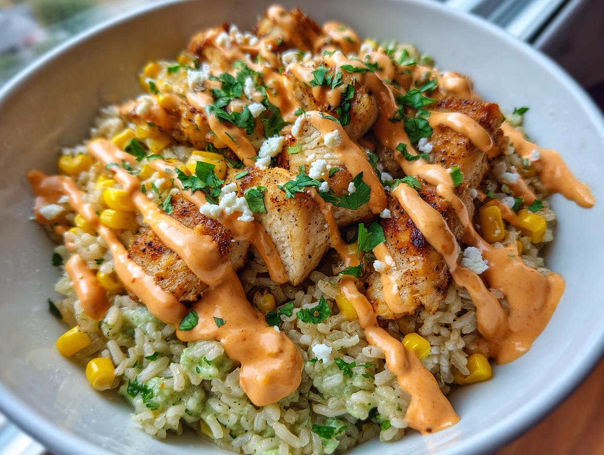 Close-up of a street corn chicken rice bowl featuring seasoned chicken, corn, rice, and a creamy orange sauce drizzle.