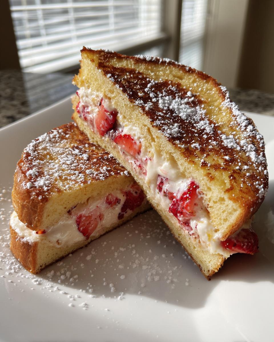 Two halves of strawberry cream cheese stuffed french toast, dusted with powdered sugar.