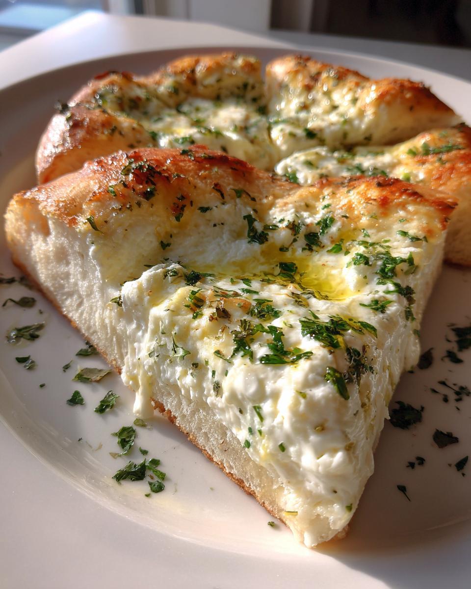 Close-up of a thick slice of white pizza featuring a generous layer of ricotta cheese, drizzled with olive oil and sprinkled with fresh parsley.