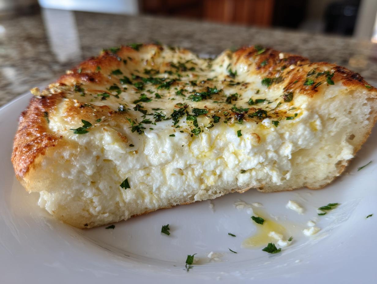 Thick slice of homemade white pizza showing a generous layer of creamy ricotta cheese and golden crust, topped with herbs.