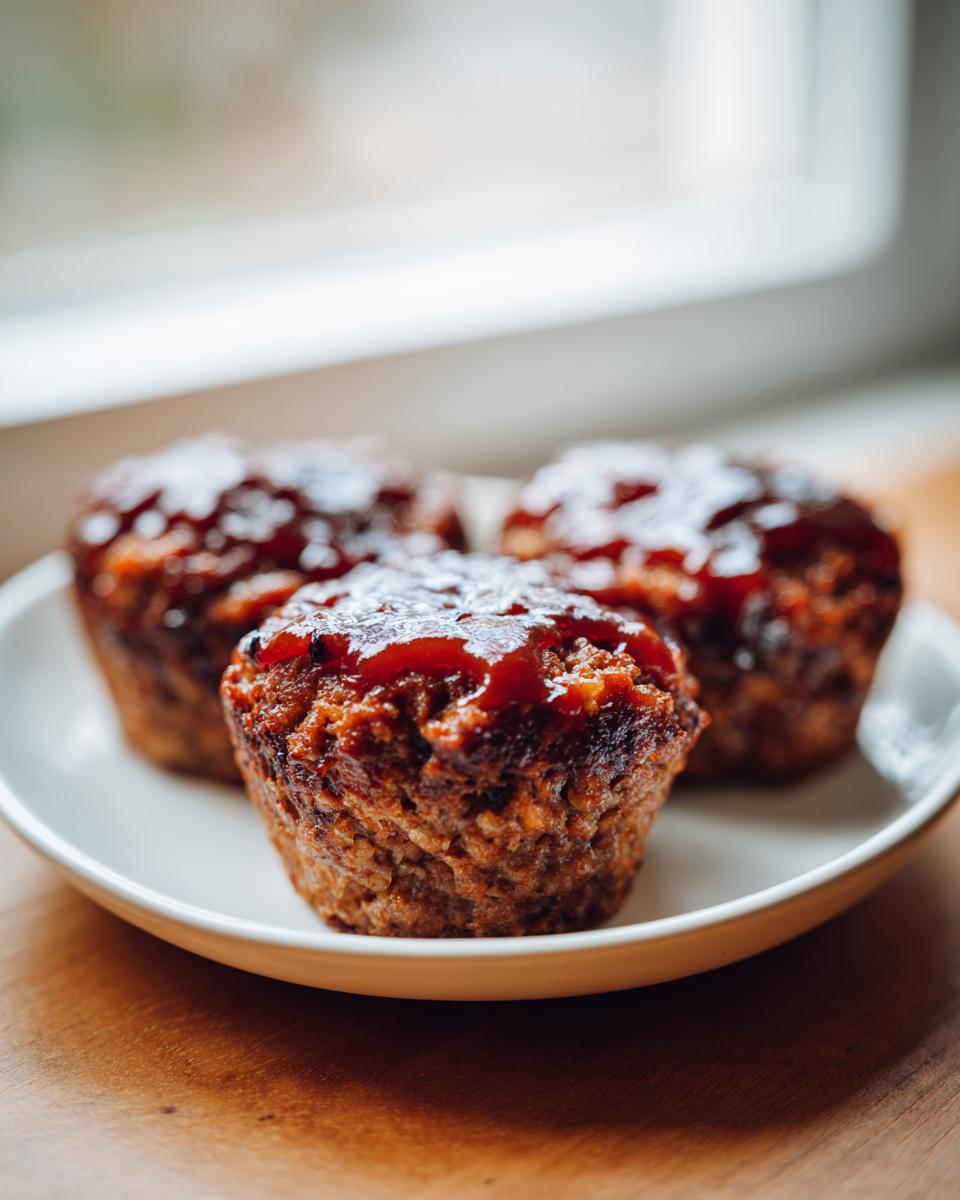 Three perfectly baked mini meatloaf portions with a shiny red glaze, resting on a small white plate.