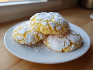 Three bright yellow lemon crinkle cookies heavily dusted with powdered sugar, resting on a white plate.