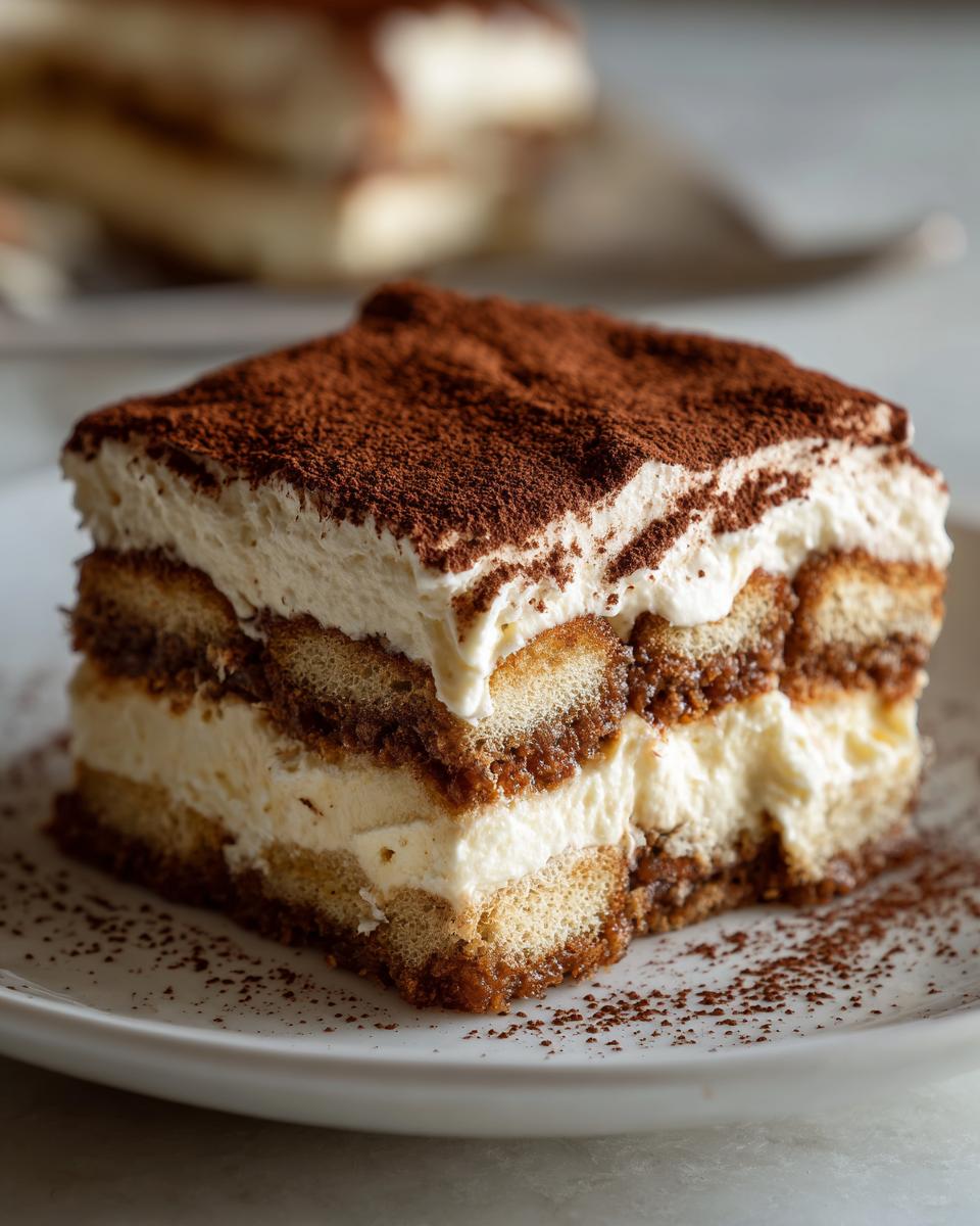 Close-up of a layered slice of tiramisu cheesecake topped generously with cocoa powder on a white plate.