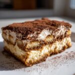 Close-up of a layered slice of tiramisu cheesecake topped generously with cocoa powder.