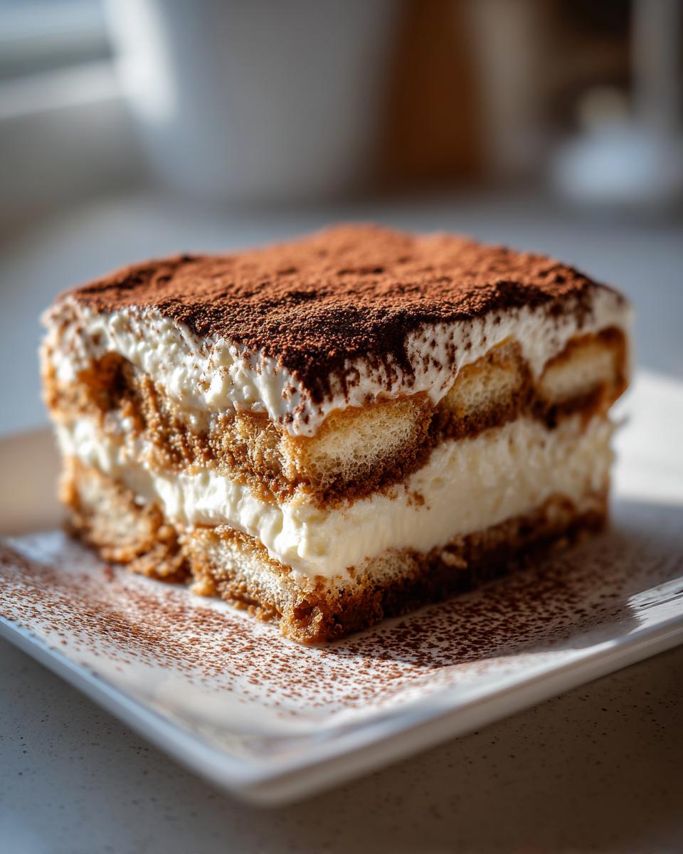 A perfect square slice of tiramisu cheesecake layered with cream and coffee-soaked ladyfingers, topped with cocoa powder.