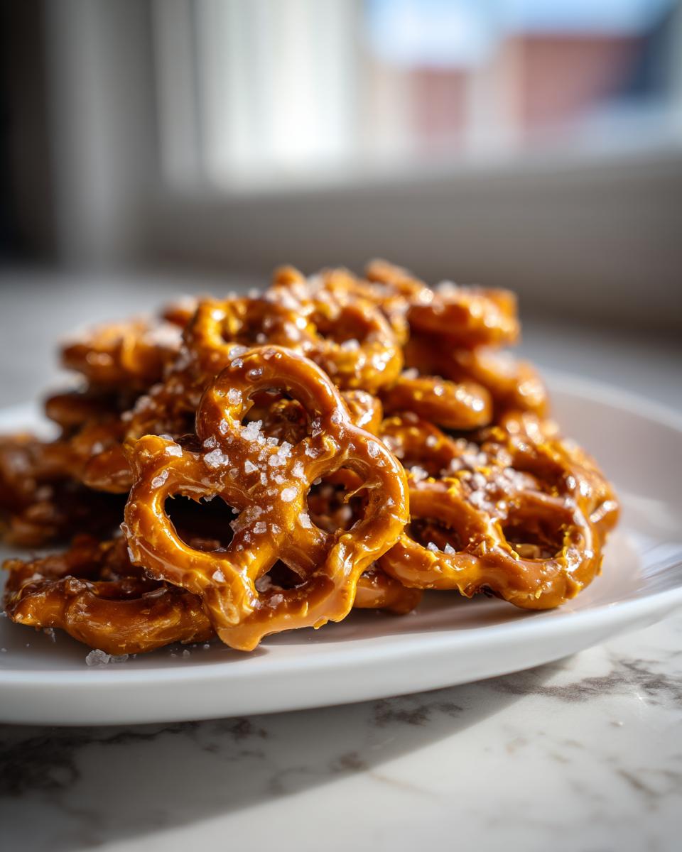A pile of shiny, caramel-coated toffee pretzels sprinkled with coarse sea salt on a white plate.