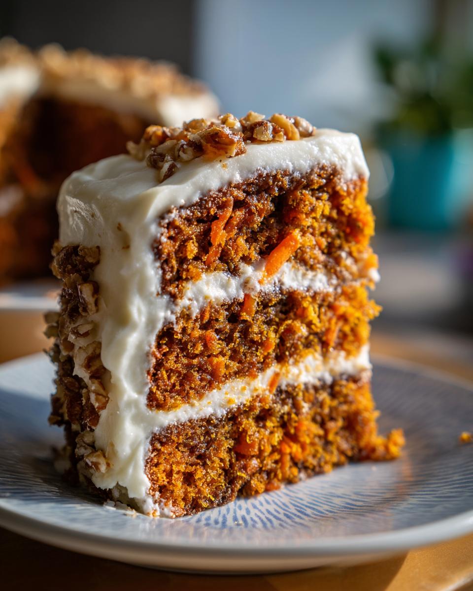 A close-up of an ultra-moist slice of carrot cake recipe with thick cream cheese frosting and walnuts.