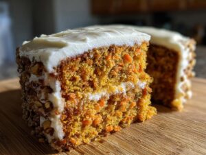 Close-up of an ultra-moist slice of carrot cake recipe, showing visible shredded carrots and nuts, topped with thick cream cheese frosting.