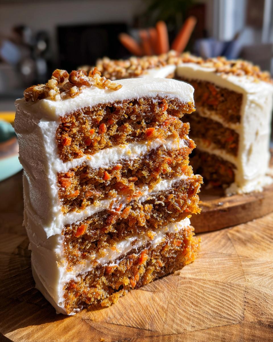Close-up of a tall, ultra-moist slice of carrot cake recipe with three layers and cream cheese frosting, topped with pecans.