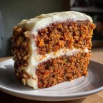 Close-up of an ultra-moist slice of carrot cake recipe, layered with cream cheese frosting and covered in pecans.