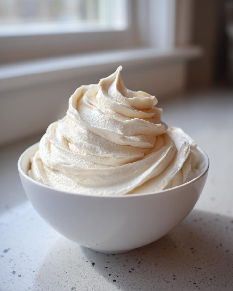 A beautifully piped swirl of light vanilla buttercream frosting filling a small white bowl.