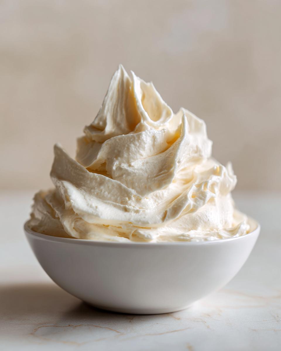 A beautifully piped swirl of light, fluffy vanilla buttercream in a small white bowl.