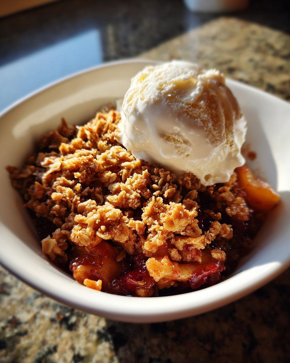 A warm scoop of vanilla ice cream melting atop a serving of golden brown apple crisp recipe in a white bowl.