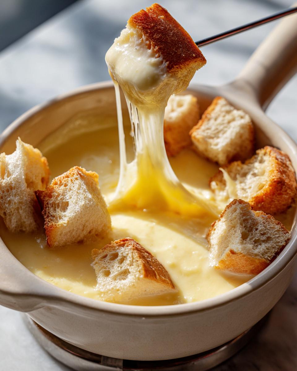A piece of toasted bread being lifted from a pot of smooth, stringy cheese fondue.
