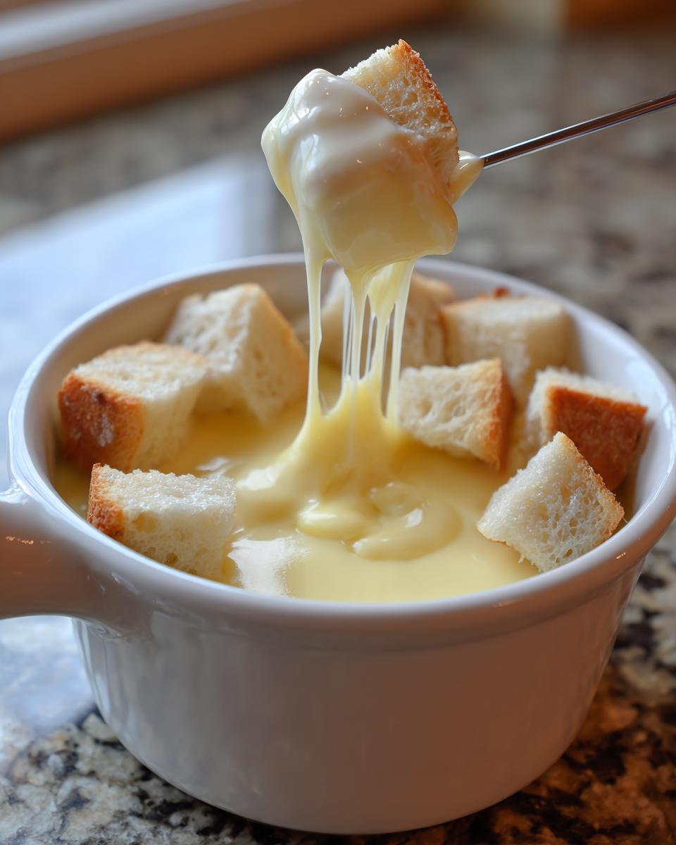 A piece of bread is lifted from a white bowl filled with smooth, yellow cheese fondue, showing long, stretchy cheese pulls.