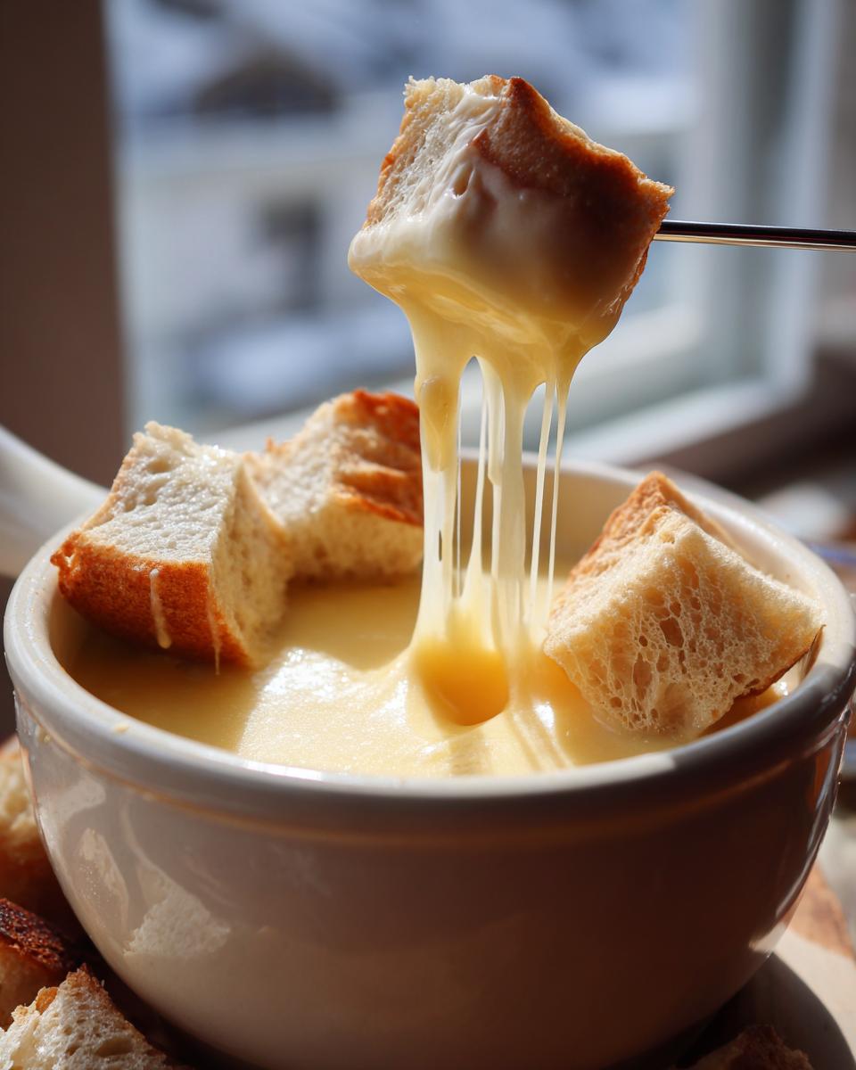 A piece of crusty bread being lifted from a bowl of velvety cheese fondue, showing long, satisfying cheese pulls.