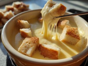 Close-up of a piece of toasted bread being dipped into a pot of smooth, melted cheese fondue, showing long cheese pulls.
