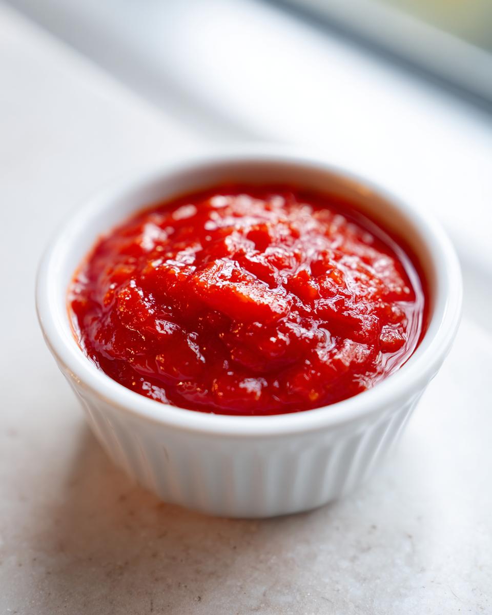 Close-up of vibrant, chunky homemade cocktail sauce filling a small white ramekin.