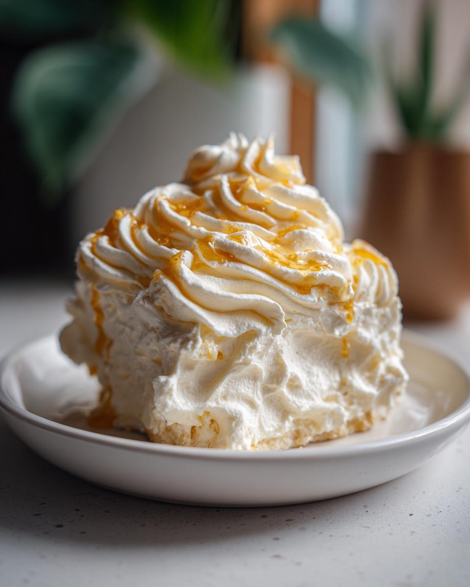 A serving of dessert, likely cake or bread, heavily topped with whipped cream and drizzled with a golden honey butter recipe sauce.
