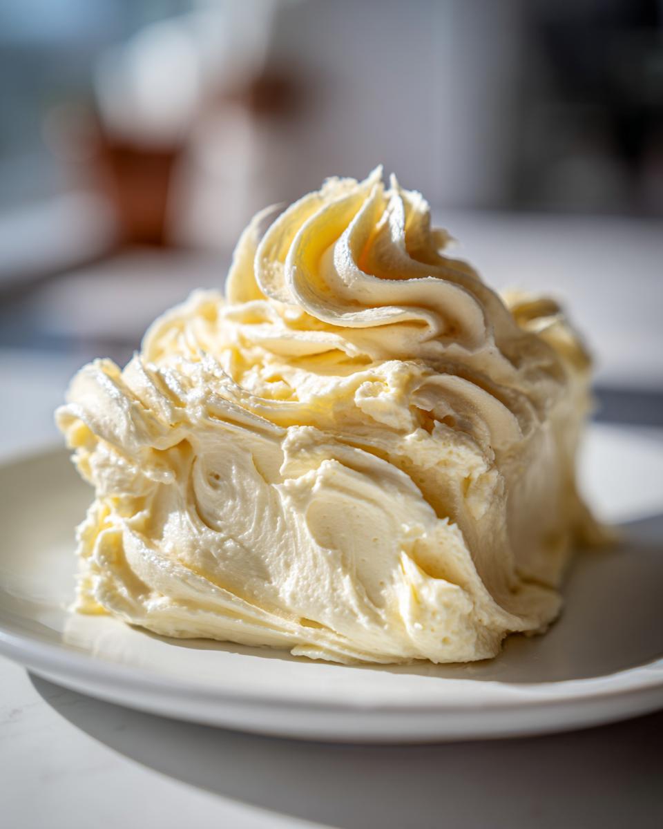 A close-up of a beautifully piped mound of creamy, pale yellow honey butter recipe on a white plate.