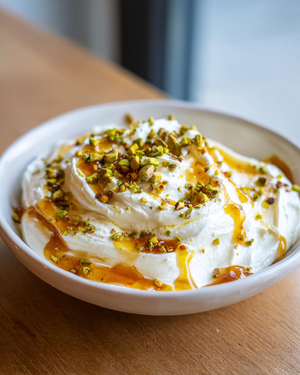 Close-up of a bowl of whipped ricotta dip drizzled with golden honey and topped with chopped green pistachios.