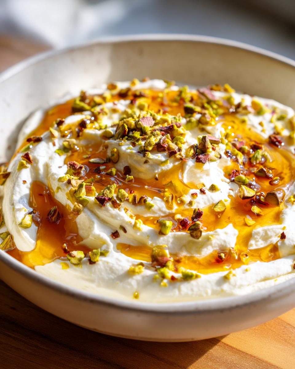 Close-up of a creamy whipped ricotta dip drizzled with golden honey and topped with chopped green pistachios.