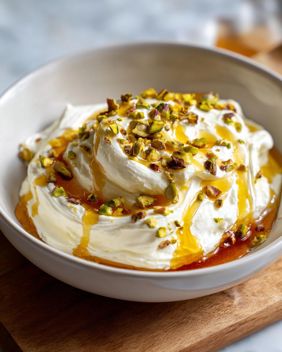 Close-up of a bowl of creamy whipped ricotta dip drizzled with golden honey and sprinkled with chopped pistachios.