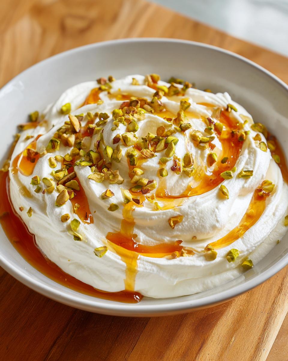 Close-up of a bowl of fluffy whipped ricotta dip drizzled with honey and sprinkled with chopped pistachios.