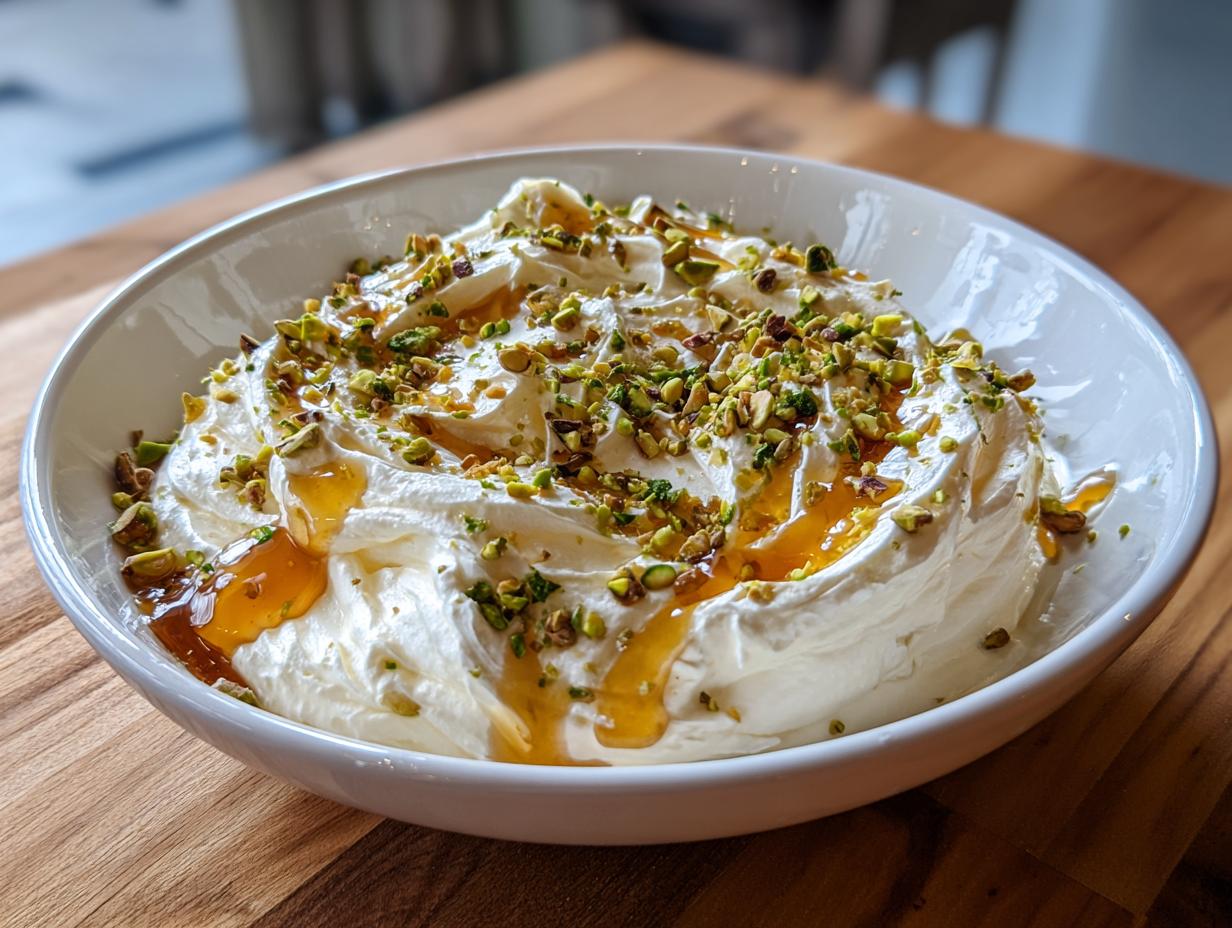 A white bowl filled with fluffy whipped ricotta dip, drizzled with honey and sprinkled with chopped pistachios.