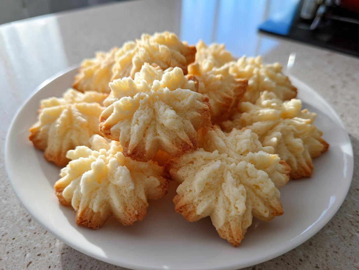 A plate piled high with freshly baked, star-shaped whipped shortbread cookies showing golden brown edges.