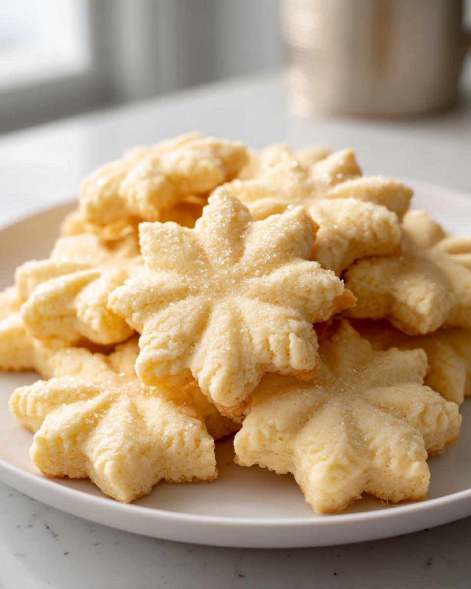A close-up of a stack of light, buttery whipped shortbread cookies shaped like snowflakes and sprinkled with sugar.