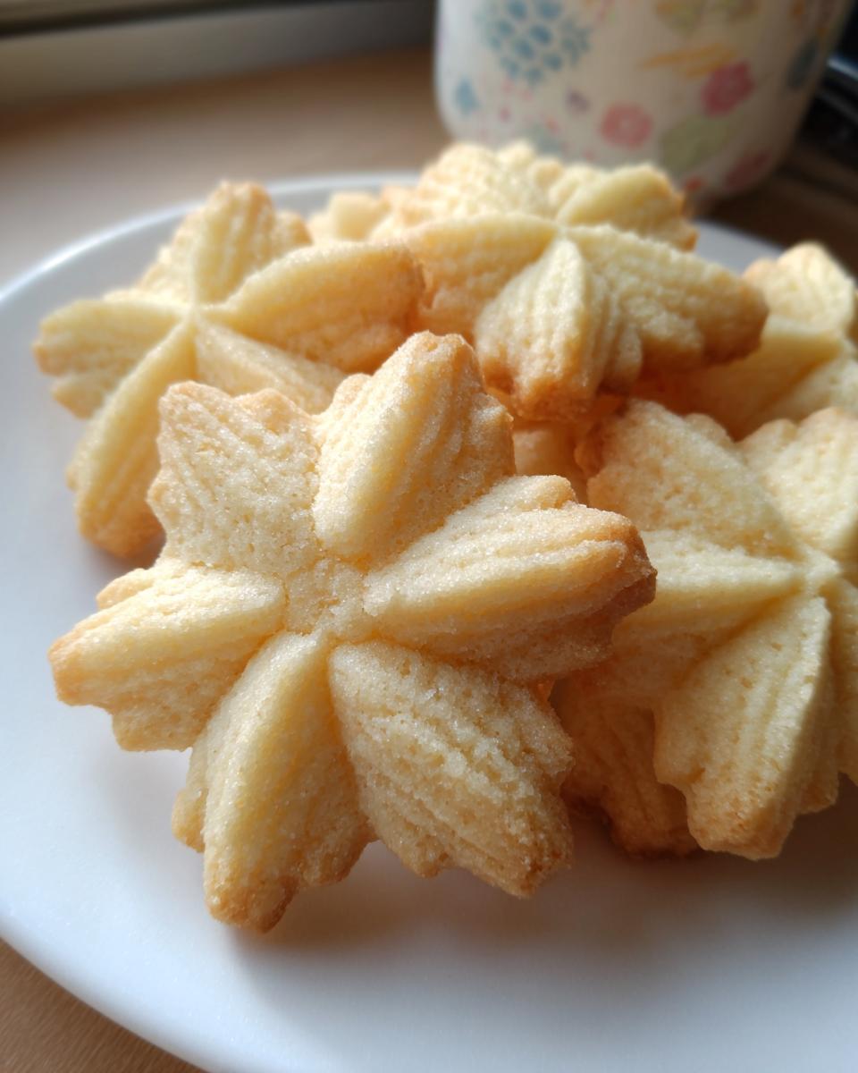 Close-up of golden, star-shaped whipped shortbread cookies piled on a white plate.