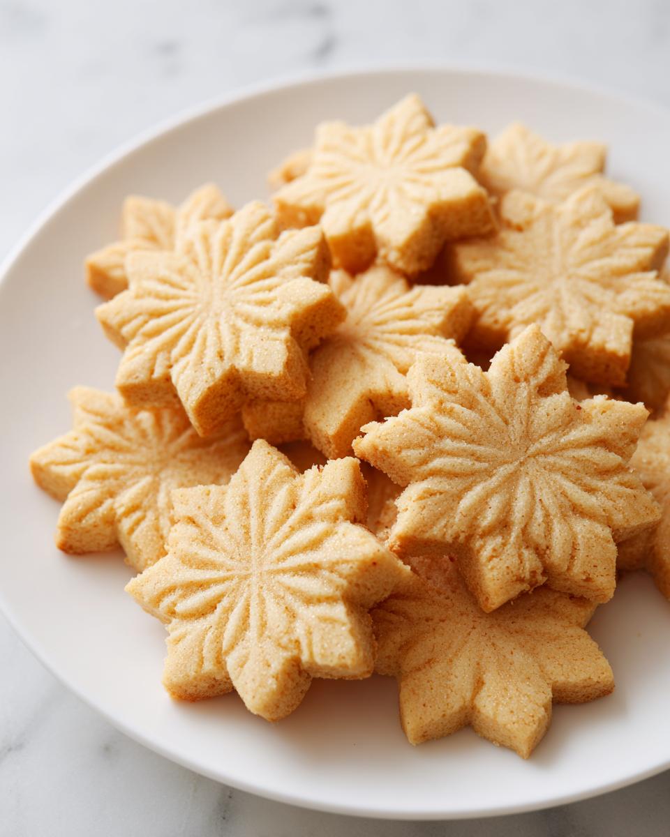 A pile of freshly baked, star-shaped whipped shortbread cookies with detailed imprints on a white plate.