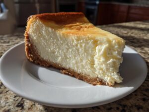 A thick slice of creamy white chocolate cheesecake with a golden-brown top and graham cracker crust, sitting on a white plate.
