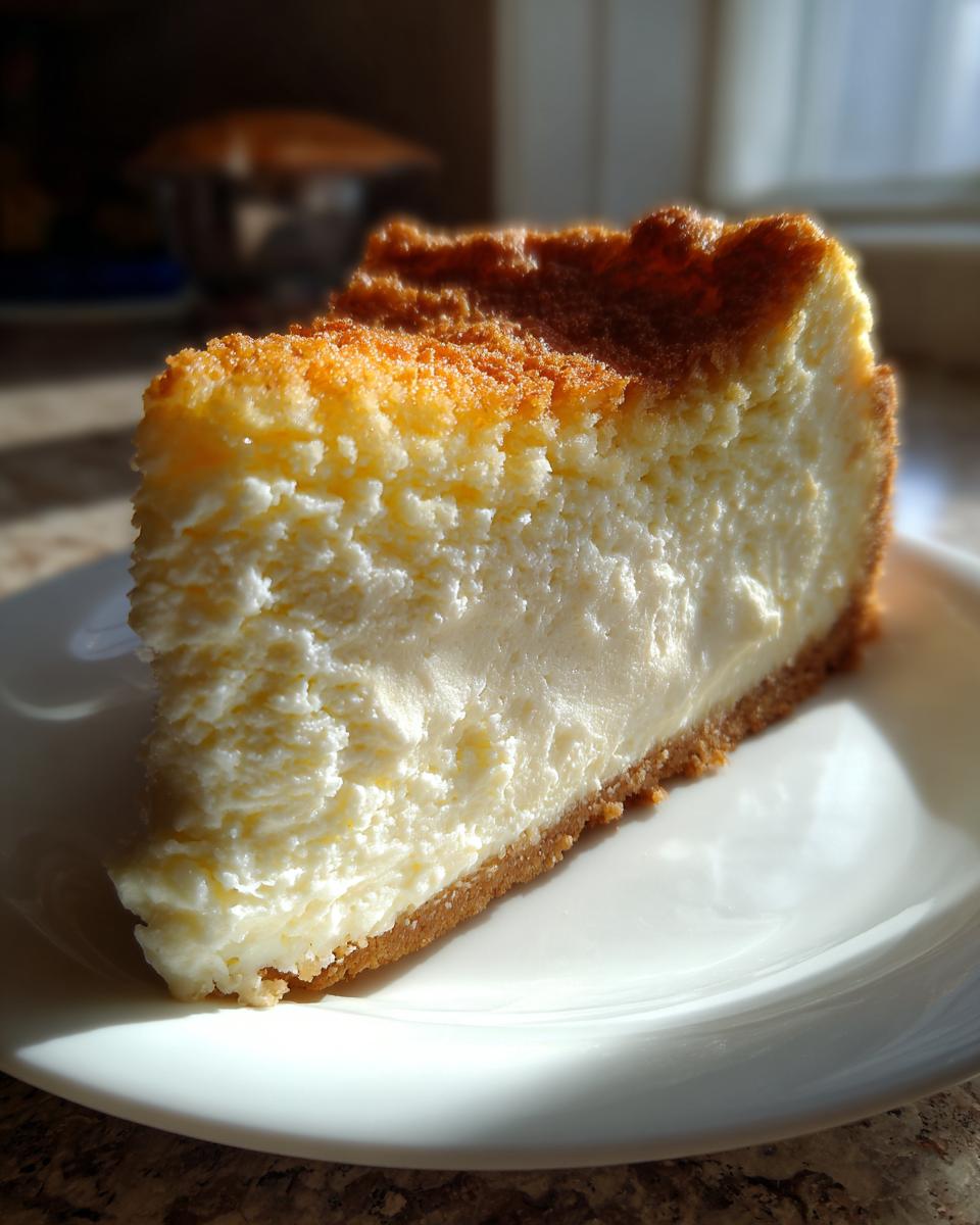 A close-up slice of creamy white chocolate cheesecake with a golden-brown top and graham cracker crust on a white plate.