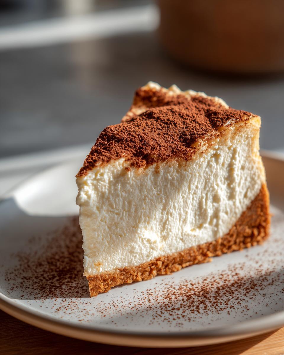 A perfect slice of creamy white chocolate cheesecake with a graham cracker crust, dusted heavily with cocoa powder.