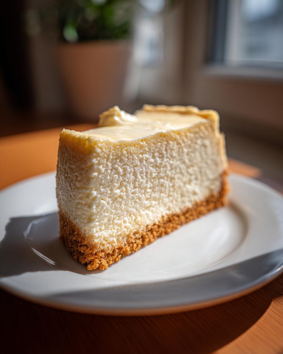 A close-up, sunlit slice of creamy white chocolate cheesecake with a thick graham cracker crust on a white plate.