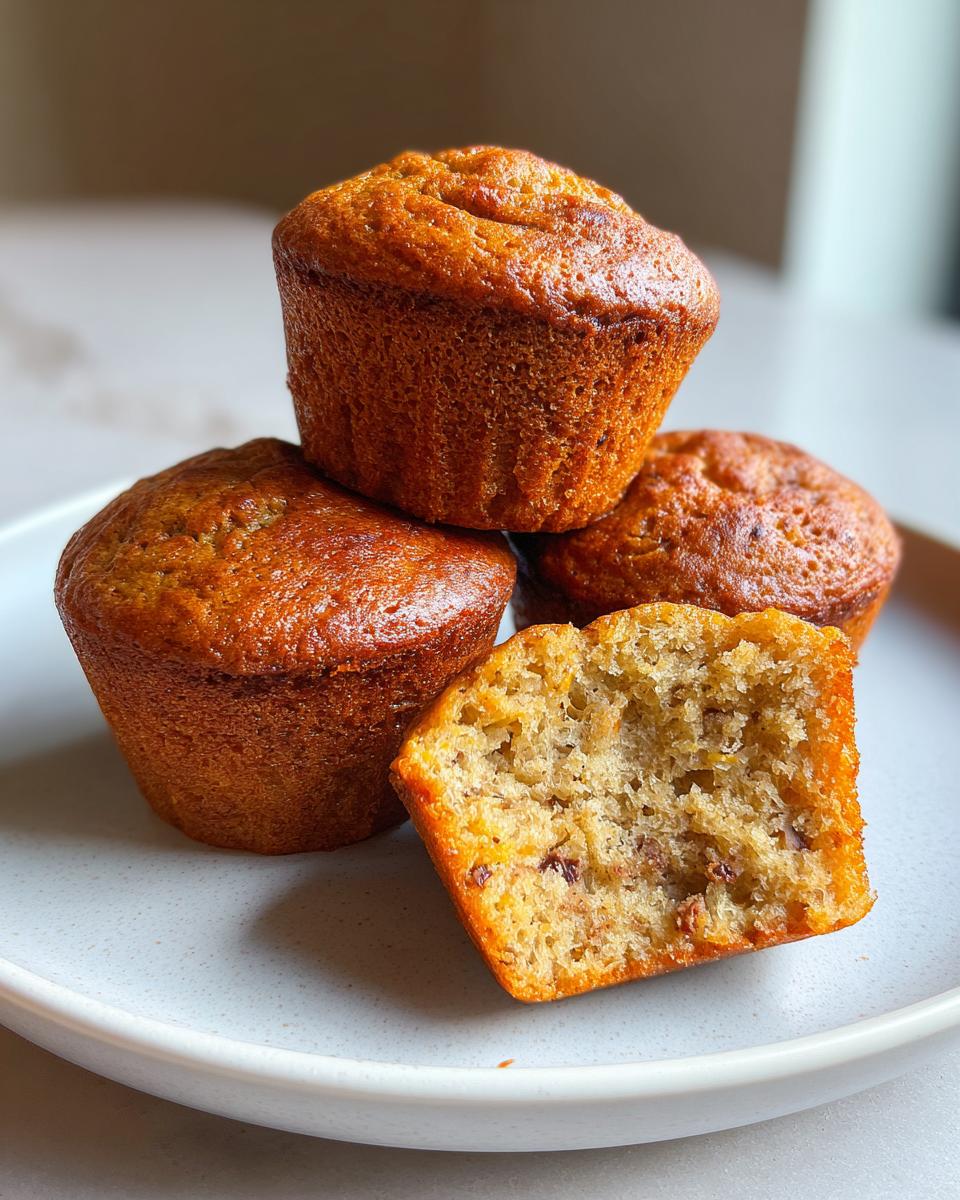 A stack of golden brown protein muffins, with one cut in half showing the moist interior texture.