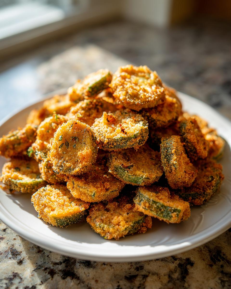 A tall pile of perfectly golden brown, crispy fried okra slices served on a white plate.