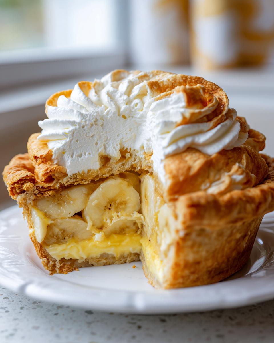 A cross-section view showing the layers of an amazing banana cream pie with custard, sliced bananas, and whipped cream topping.